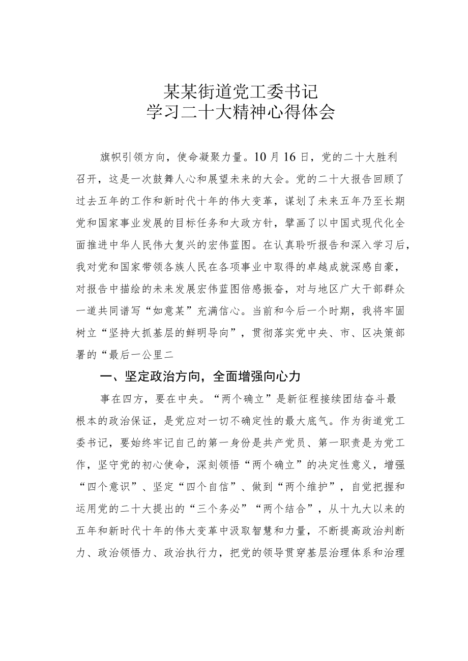 某某街道党工委书记学习二十大精神心得体会.docx_第1页