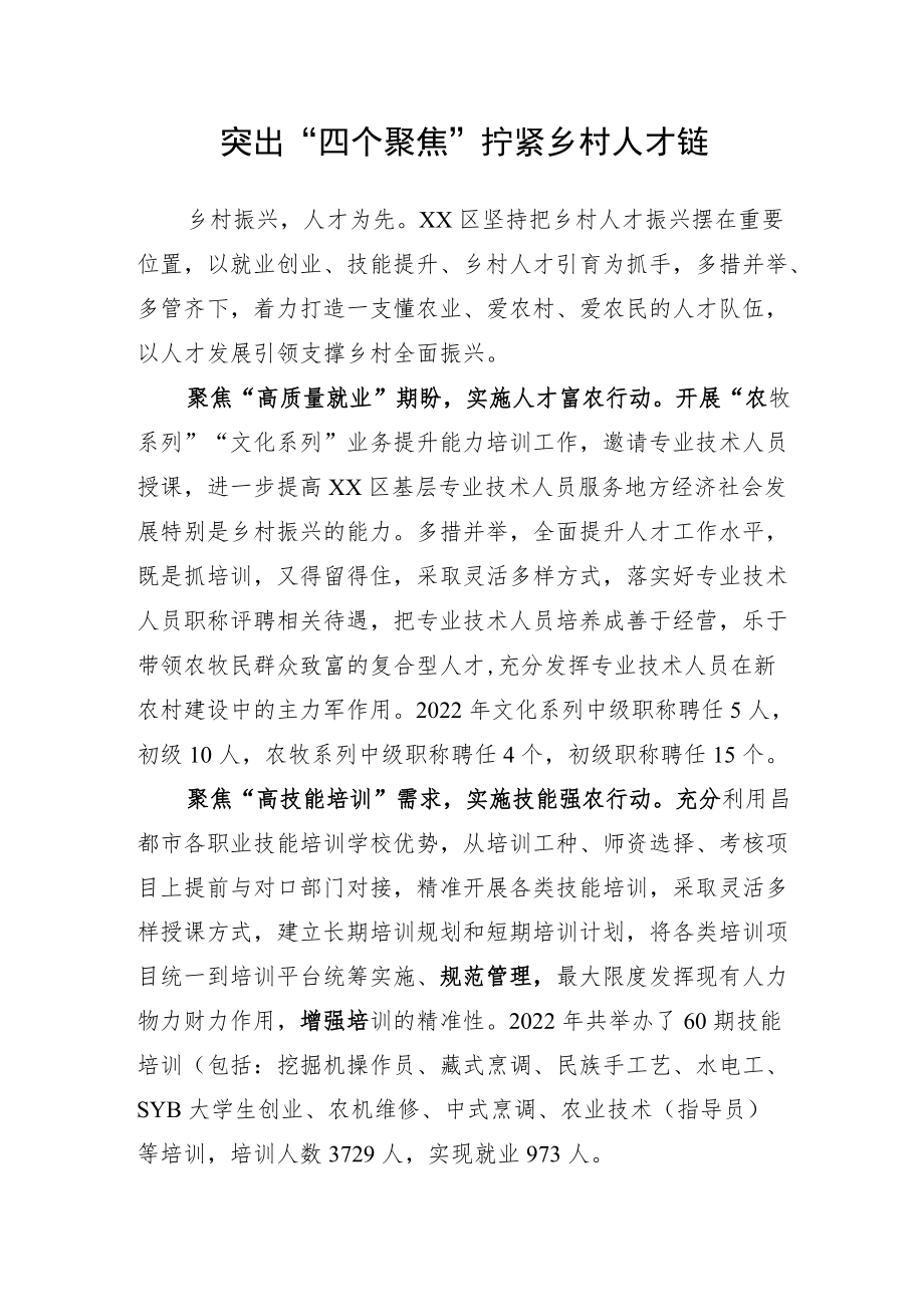 乡村振兴亮点材料 突出“四个聚焦” 拧紧乡村人才链.docx_第1页