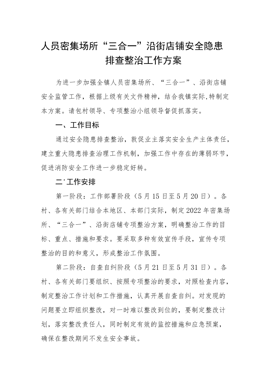 人员密集场所“三合一”沿街店铺安全隐患排查整治工作方案.docx_第1页