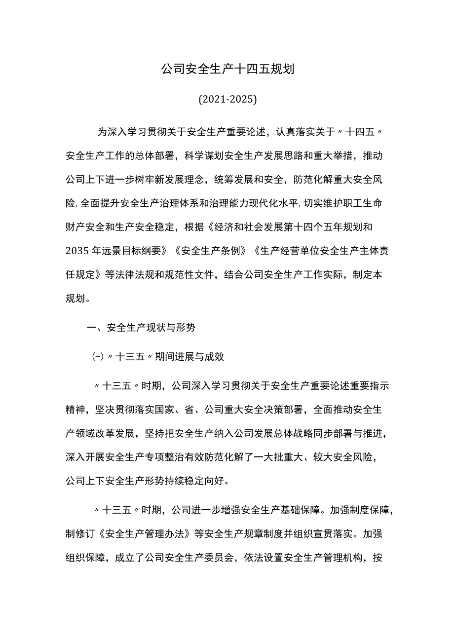 公司安全生产十四五规划.docx_第1页