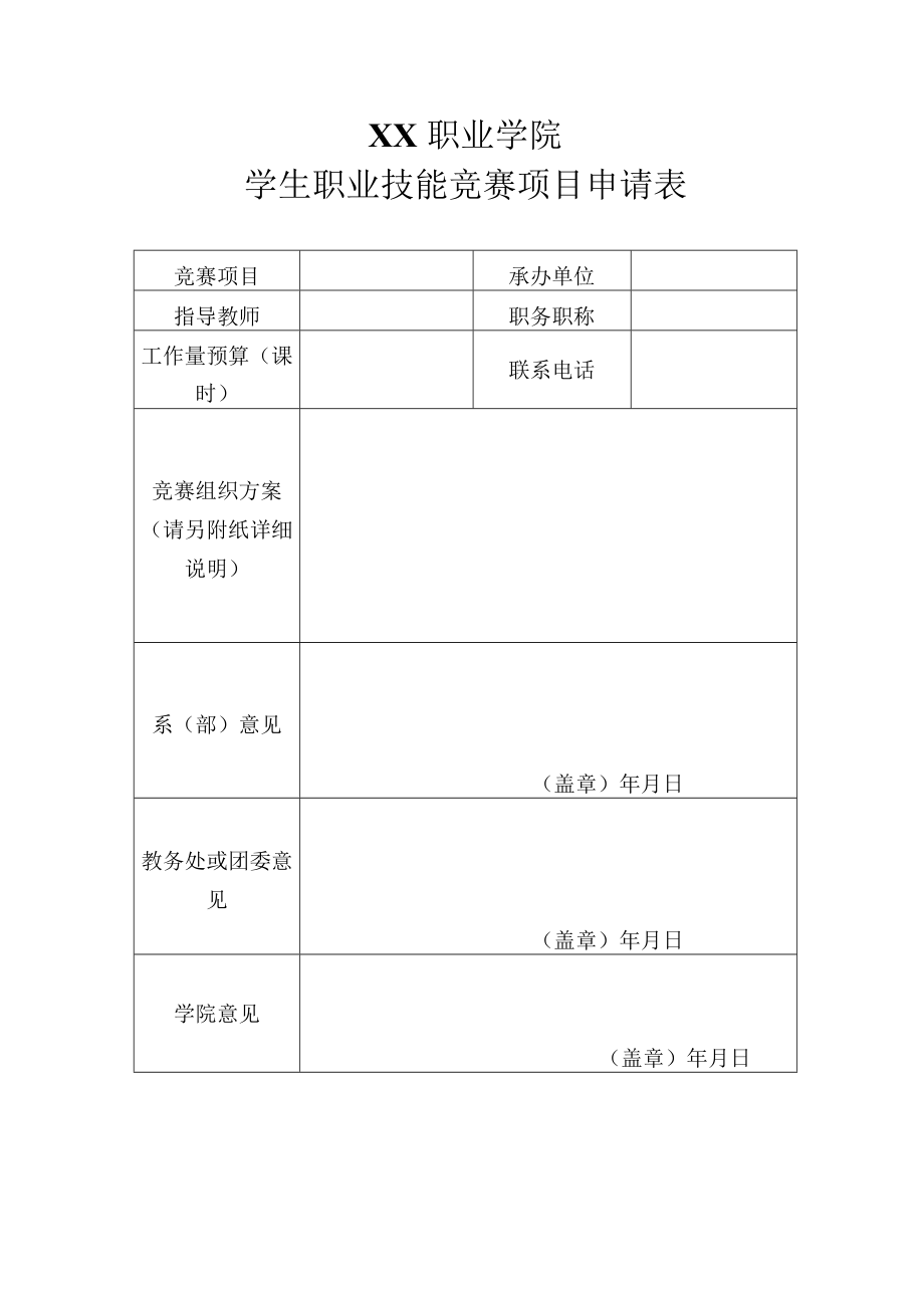 XX职业学院学生职业技能竞赛项目申请表.docx_第1页