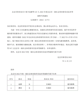 北京市体育局关于授予赵静等547人2022年度北京市一级社会体育指导员技术等级称号的通知.docx