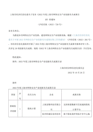 上海市经济信息化委关于发布《2022年度上海市网络安全产业创新攻关成果目录》的通知.docx