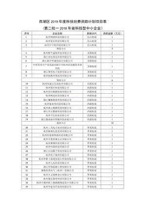 西湖区2019年度科技经费资助计划项目表第二批—2018年省科技型中小企业.docx