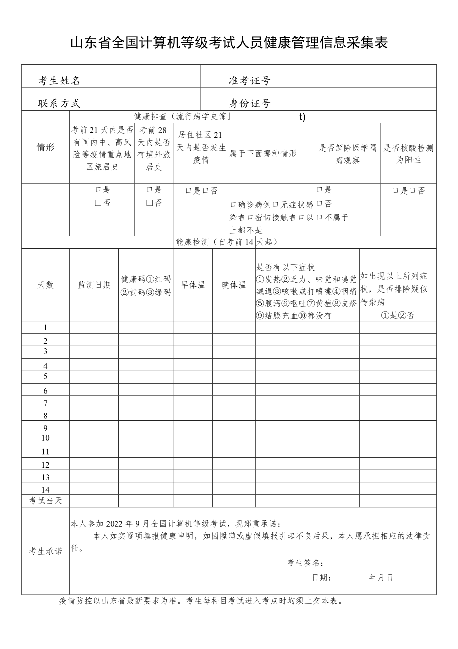 山东省全国计算机等级考试人员健康管理信息采集表.docx_第1页