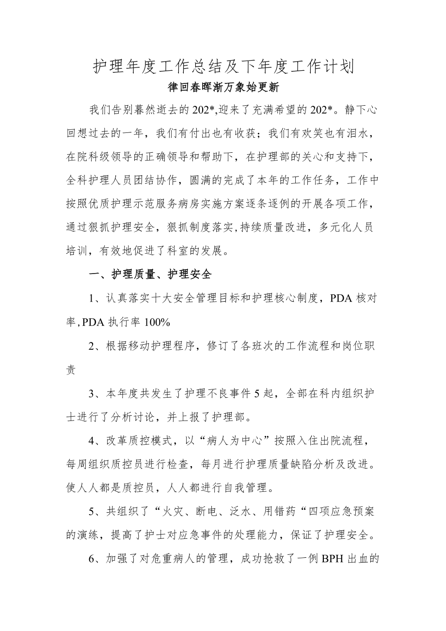 护理年度工作总结及下年度工作计划.docx_第1页