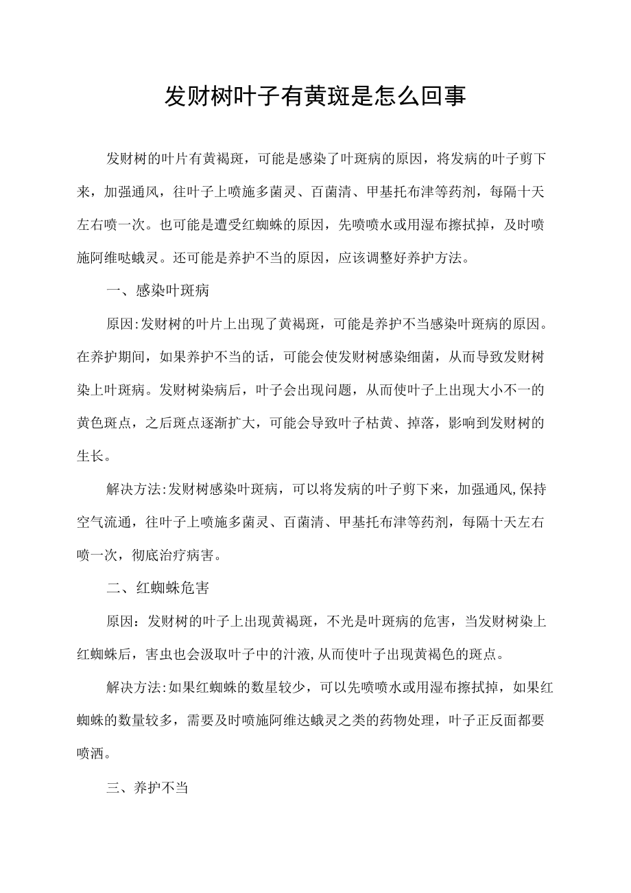 发财树叶子有黄斑是怎么回事.docx_第1页