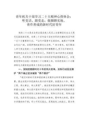 青年机关干部学习二十大精神心得体会：听党话、跟党走做脚踏实地、善作善成的新时代好青年.docx