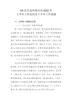 XX区生态环境分局2022年上半年工作总结及下半年工作思路.docx