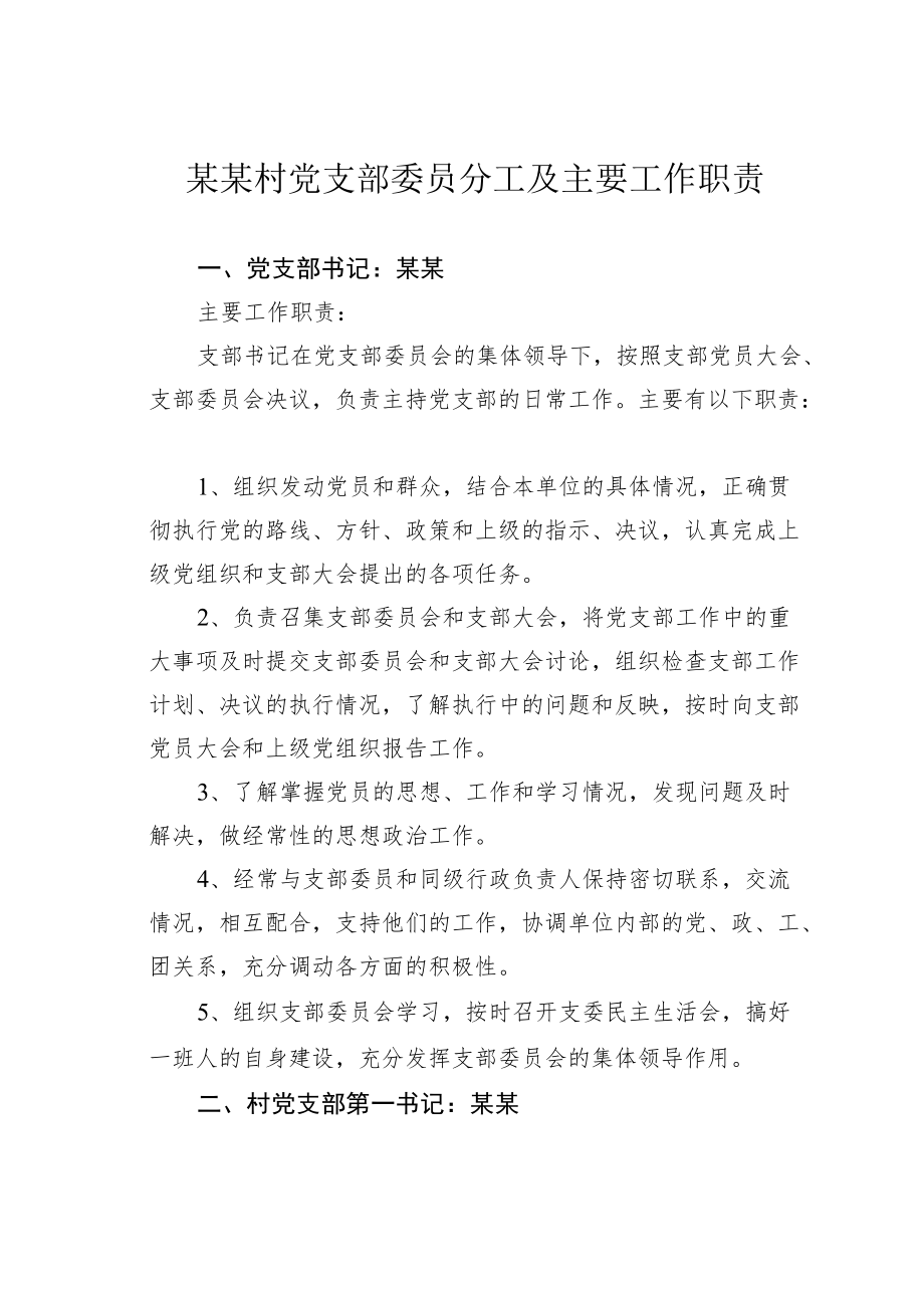 某某村党支部委员分工及主要工作职责.docx_第1页