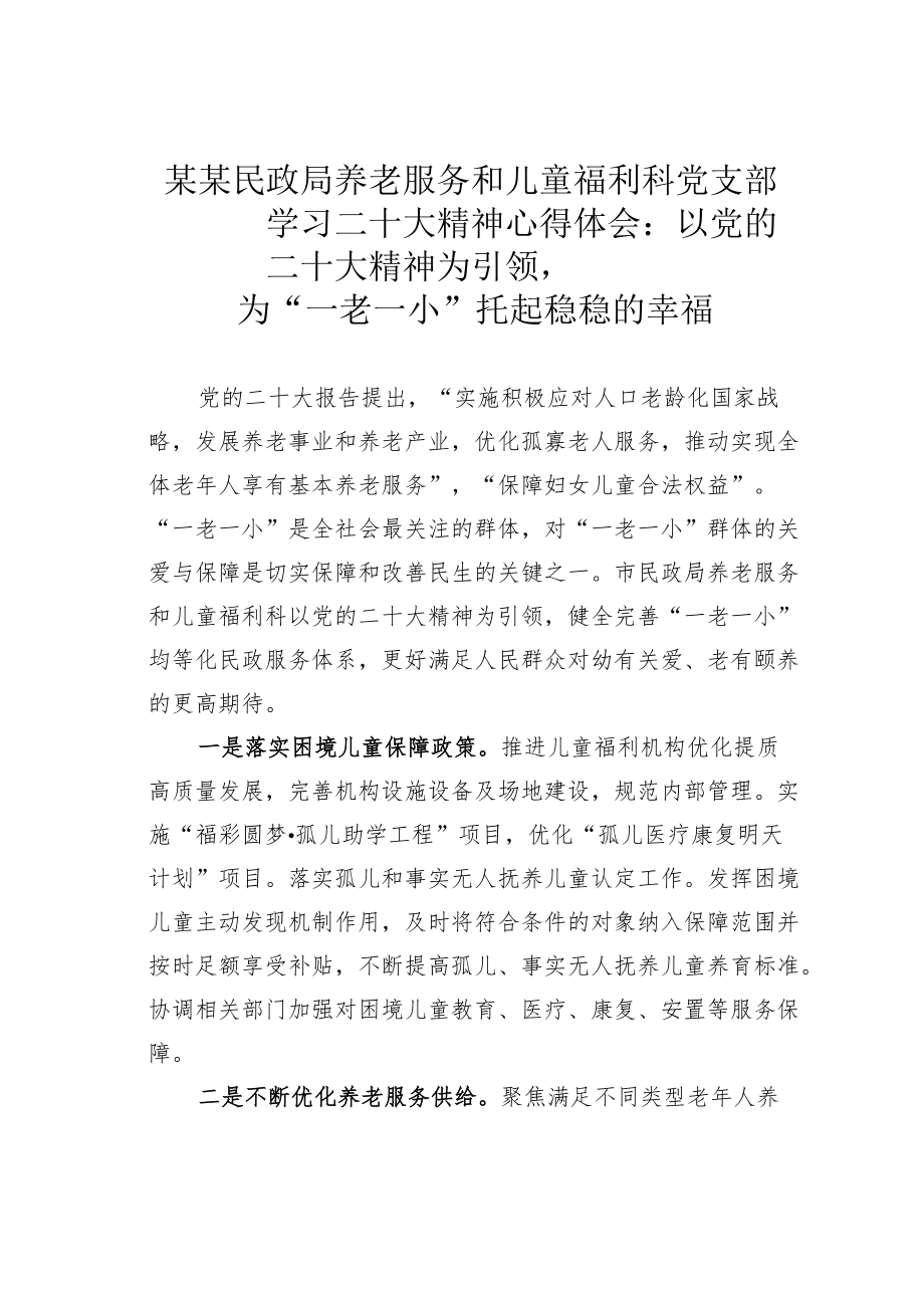 某某民政局养老服务和儿童福利科党支部学习二十大精神心得体会：以党的二十大精神为引领为“一老一小”托起稳稳的幸福.docx_第1页