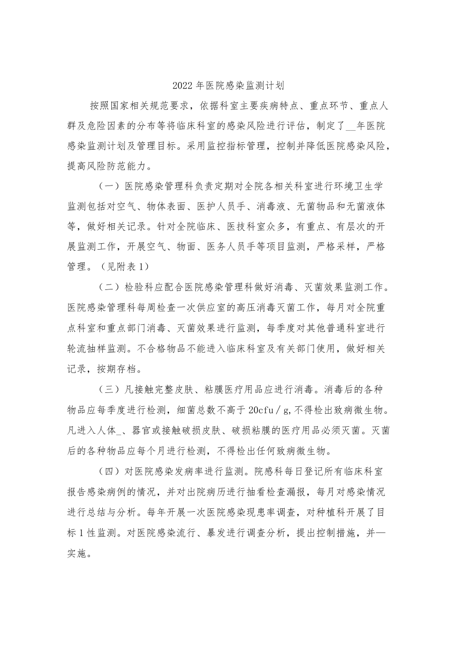 2022年医院感染监测计划.docx_第1页