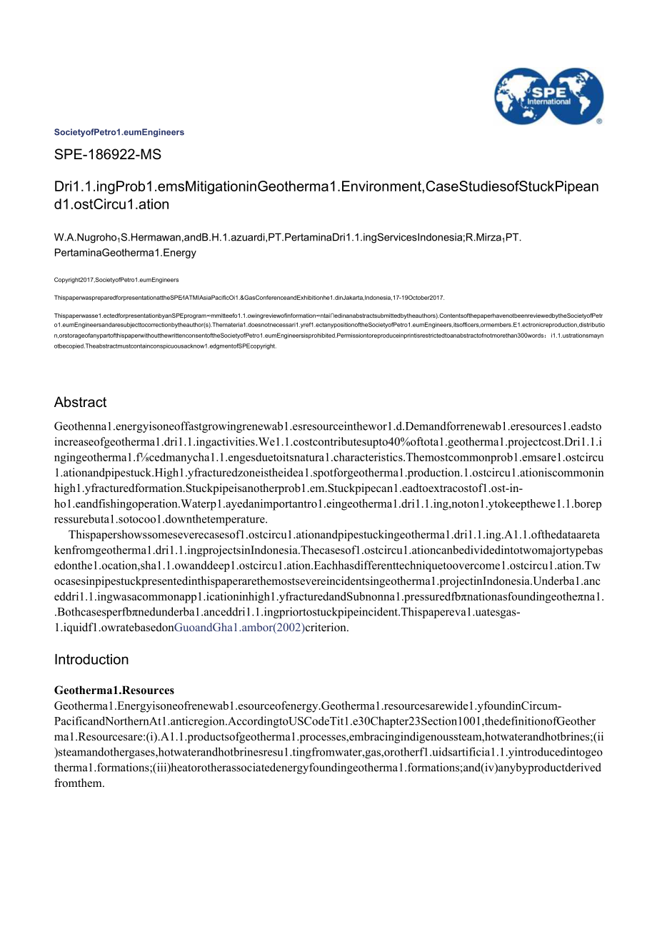 186922-MS Drilling Problems Mitigation in Geothermal Environment, Case Studies of Stuck Pipe and Lost Circulation.docx_第1页