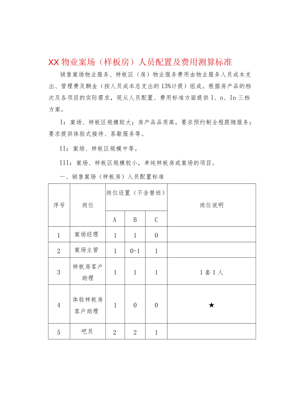 XX物业案场（样板房）人员配置及费用测算标准.docx_第1页