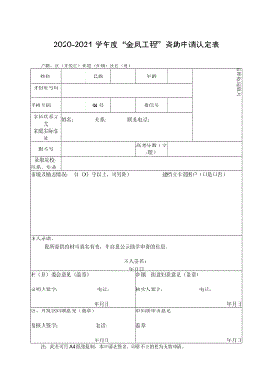 2020-2021学年度“金凤工程”资助申请认定表.docx