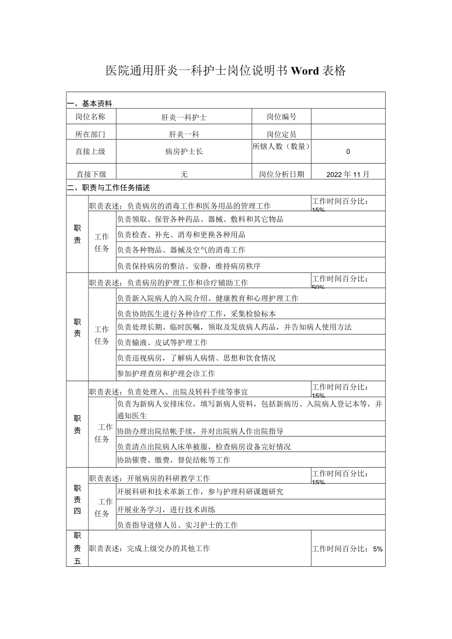 医院通用肝炎一科护士岗位说明书Word表格.docx_第1页