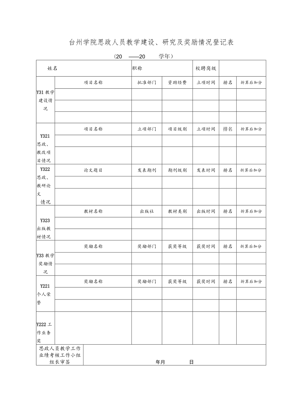 台州学院思政人员教学建设、研究及奖励情况登记表.docx_第1页