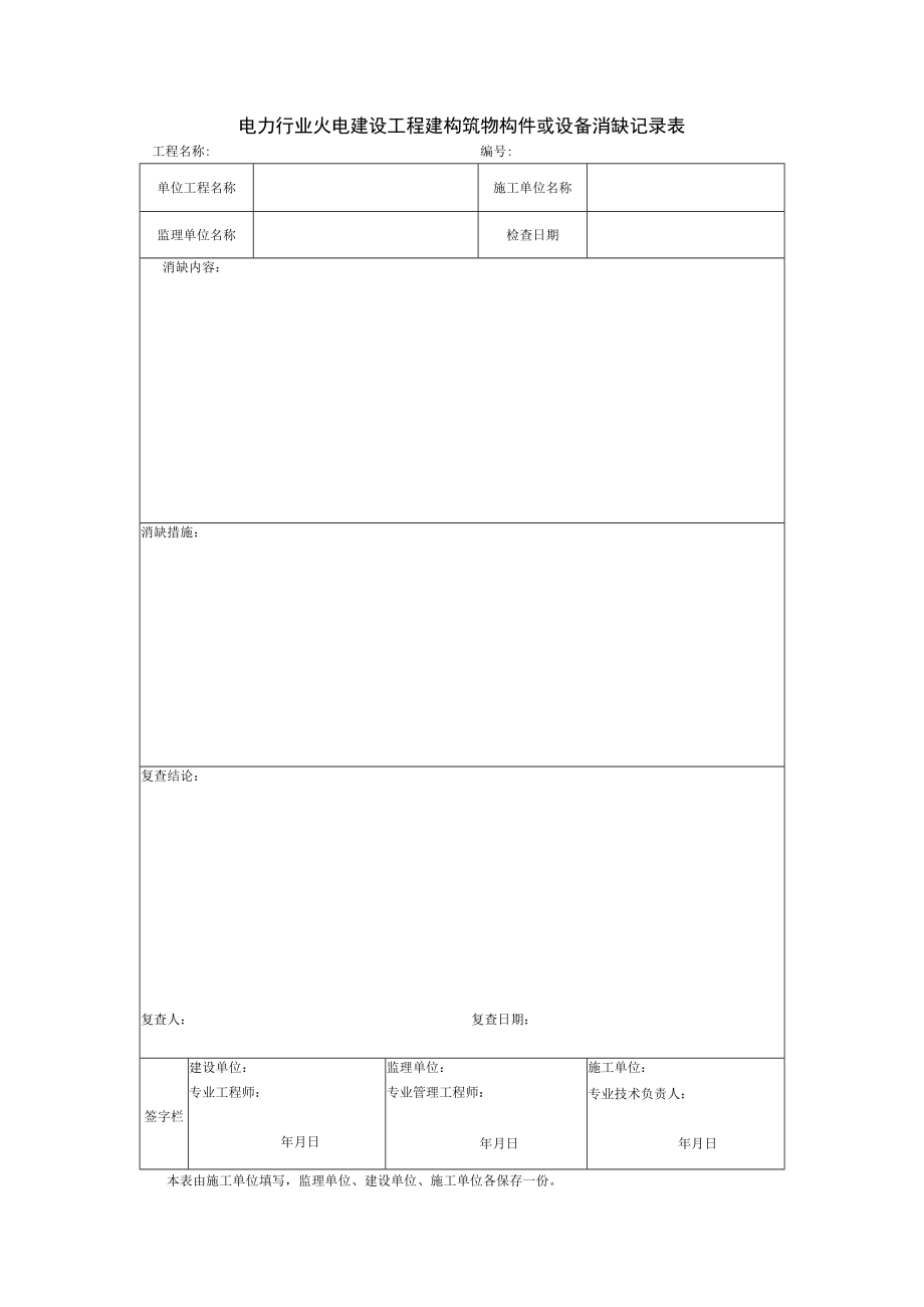 电力行业火电建设工程建构筑物构件或设备消缺记录表.docx_第1页