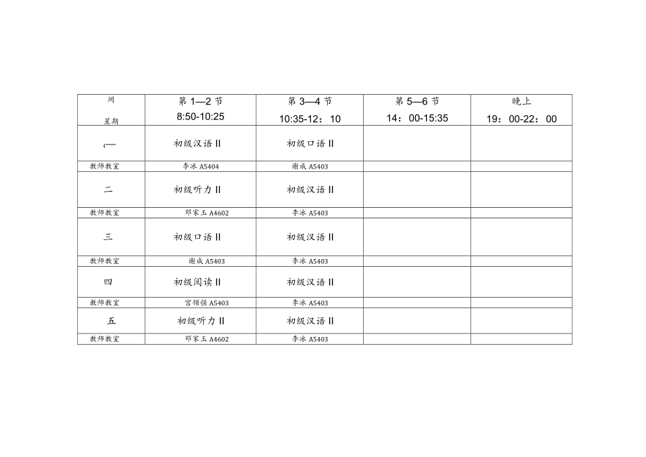 华南理工大学2009-2010学年第二学期留学生汉语课程表.docx_第2页