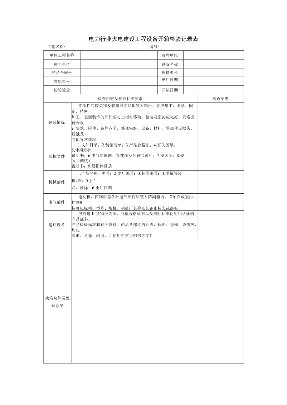 电力行业火电建设工程设备开箱检验记录表.docx_第1页