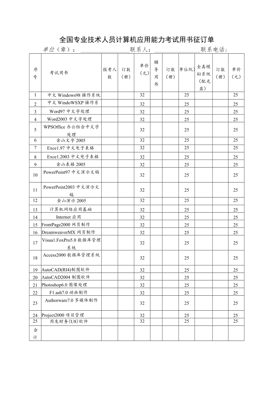 全国专业技术人员计算机应用能力考试用书征订单.docx_第1页