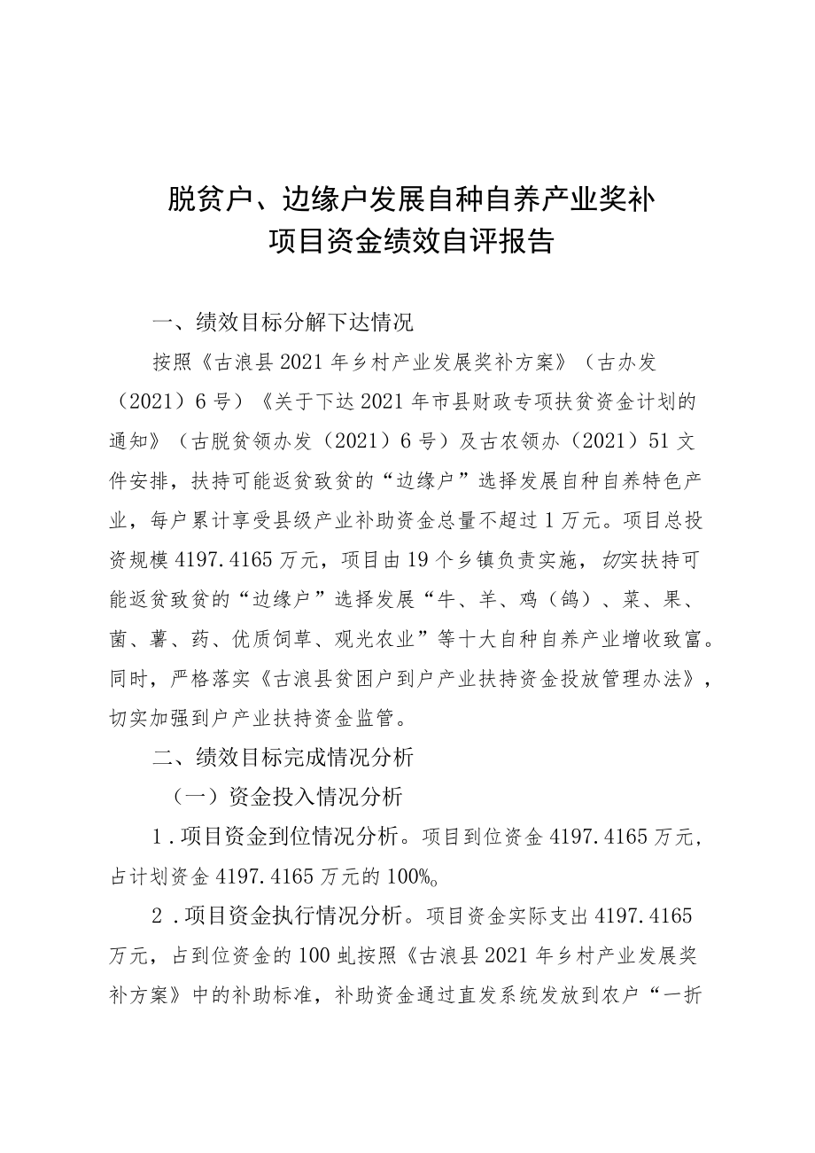 脱贫户、边缘户发展自种自养产业奖补项目资金绩效自评报告.docx_第1页