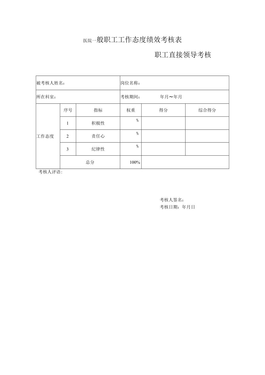 医院一般职工工作态度绩效考核表.docx_第1页