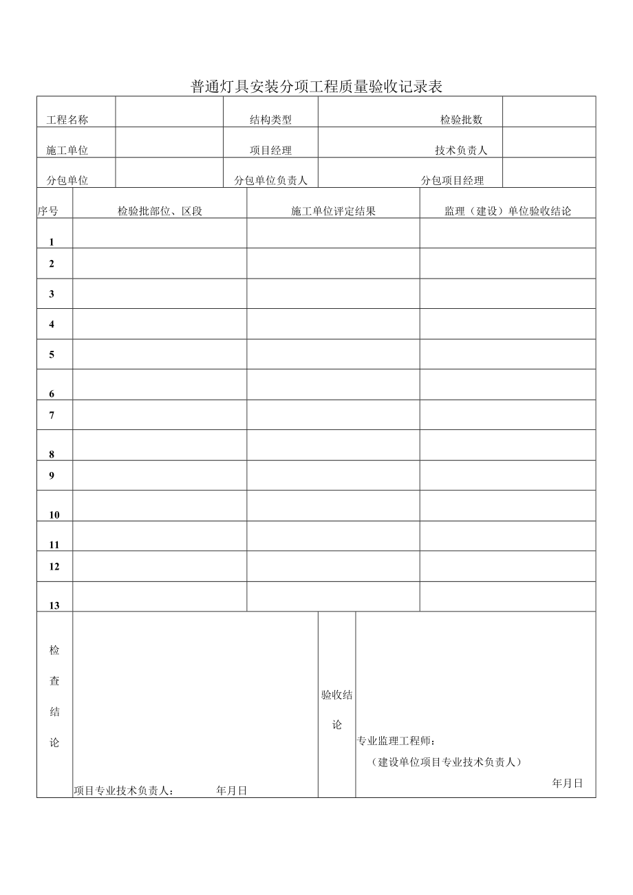 普通灯具安装分项工程质量验收记录表.docx_第1页