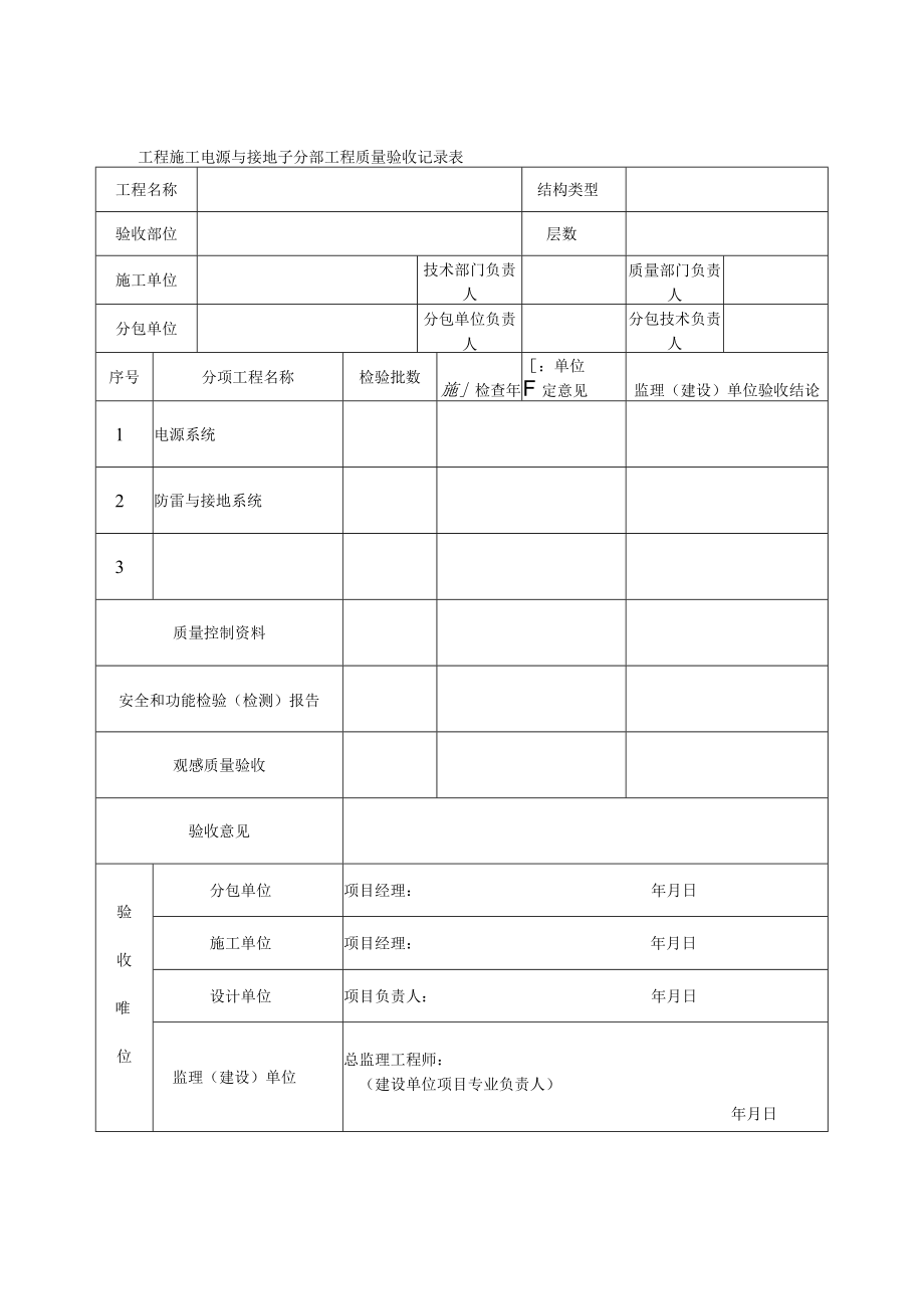 工程施工电源与接地子分部工程质量验收记录表.docx_第1页