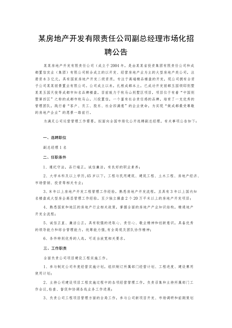 某房地产开发有限责任公司副总经理市场化招聘公告.docx_第1页