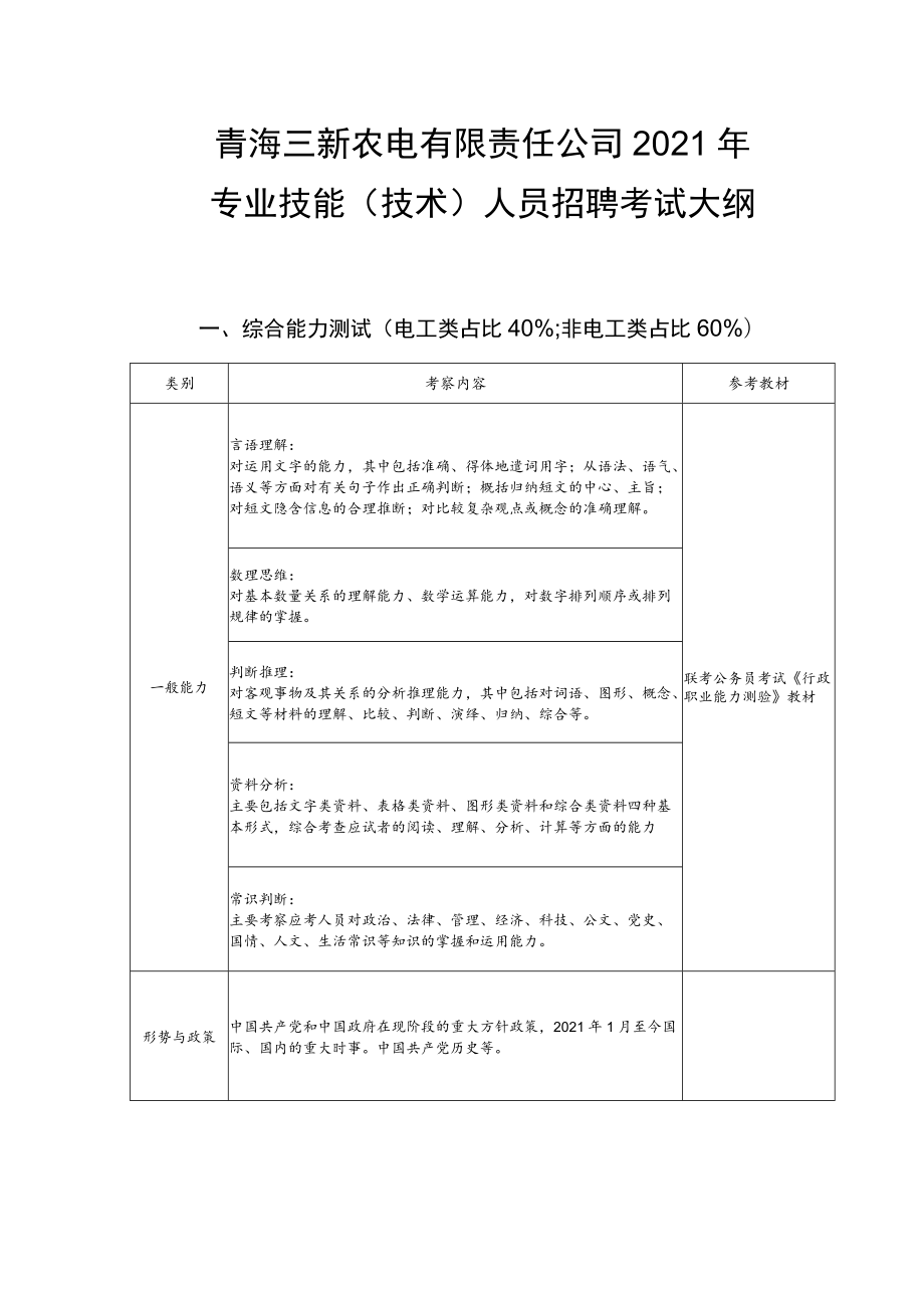 青海三新农电有限责任公司2021年专业技能技术人员招聘考试大纲.docx_第1页