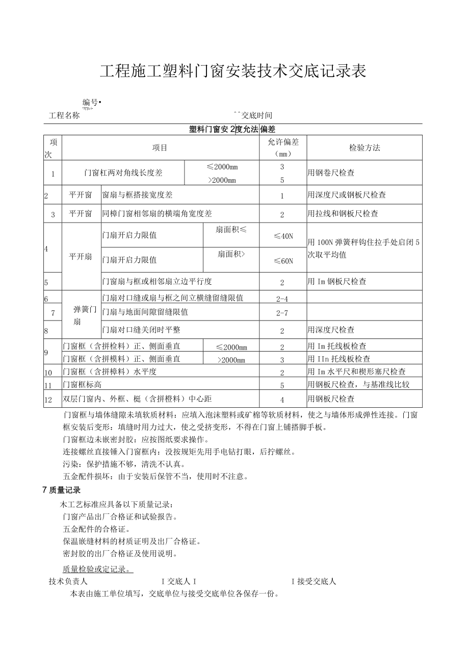 工程施工塑料门窗安装技术交底记录表.docx_第1页