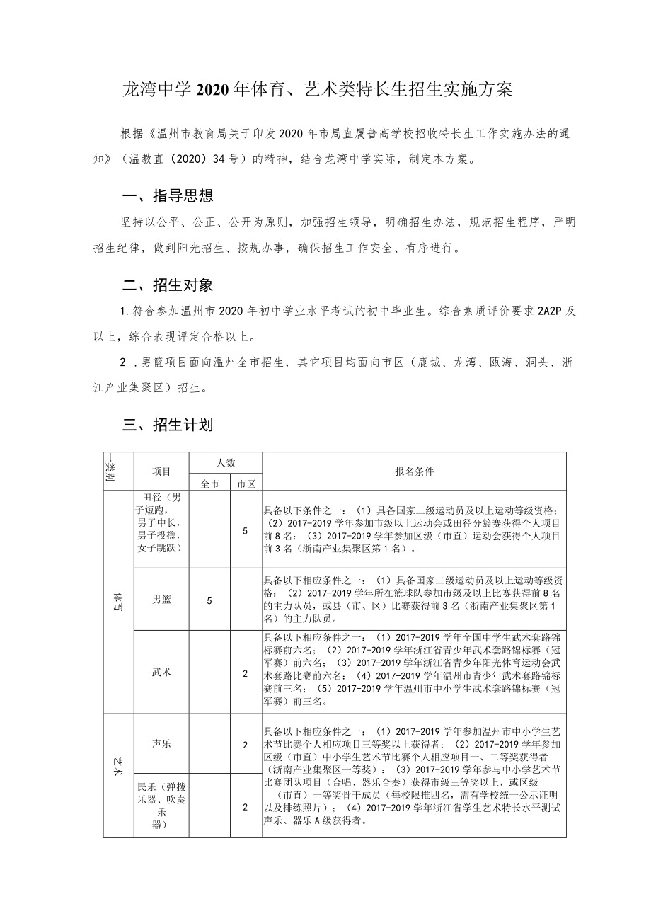 龙湾中学2020年体育、艺术类特长生招生实施方案.docx_第1页