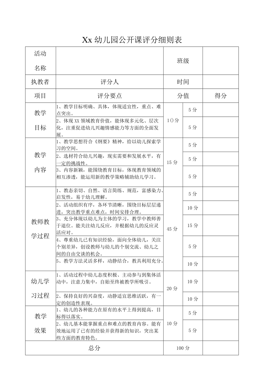 幼儿园教学公开课评分表.docx_第1页