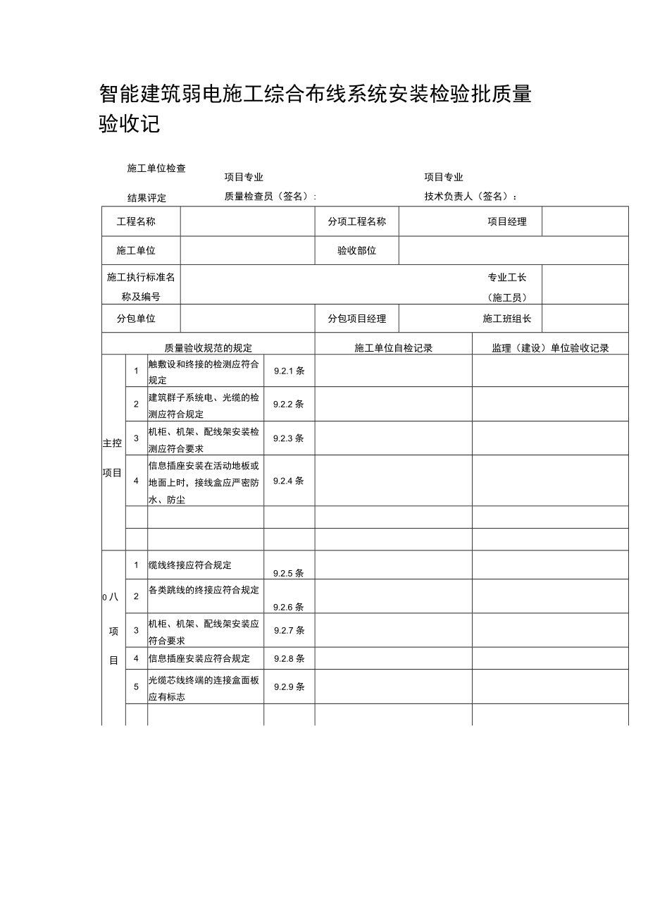 智能建筑弱电施工综合布线系统安装检验批质量验收记录表.docx_第1页