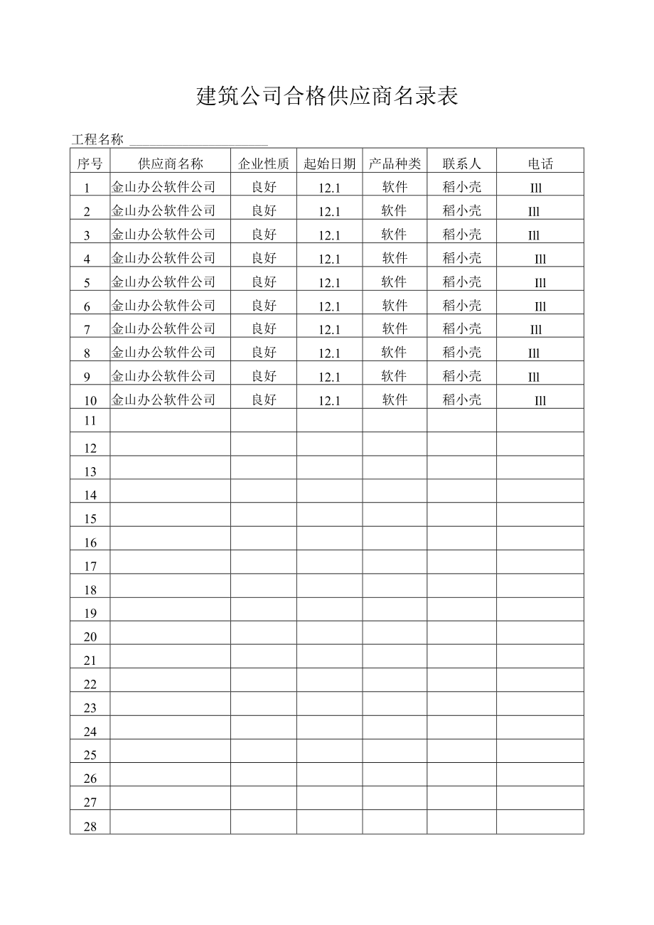 建筑公司合格供应商名录表.docx_第1页