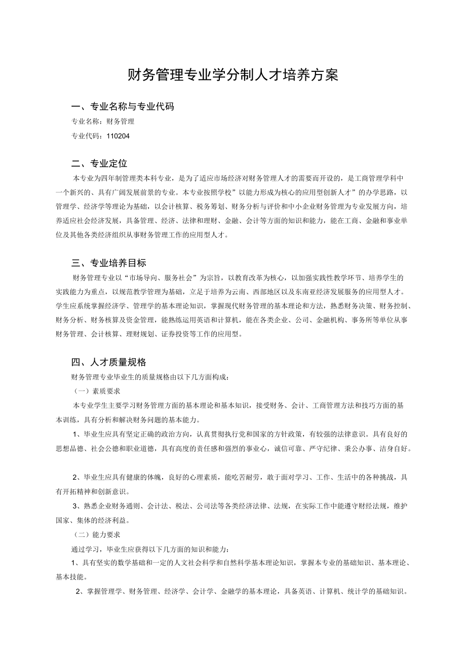 财务管理专业学分制人才培养方案专业名称与专业代码.docx_第1页