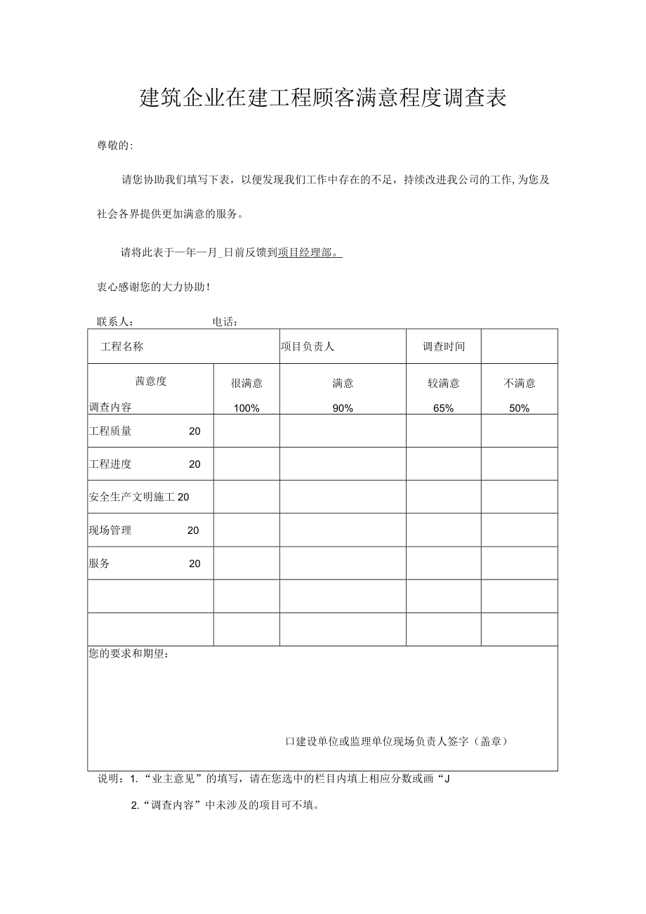 建筑企业在建工程顾客满意程度调查表.docx_第1页