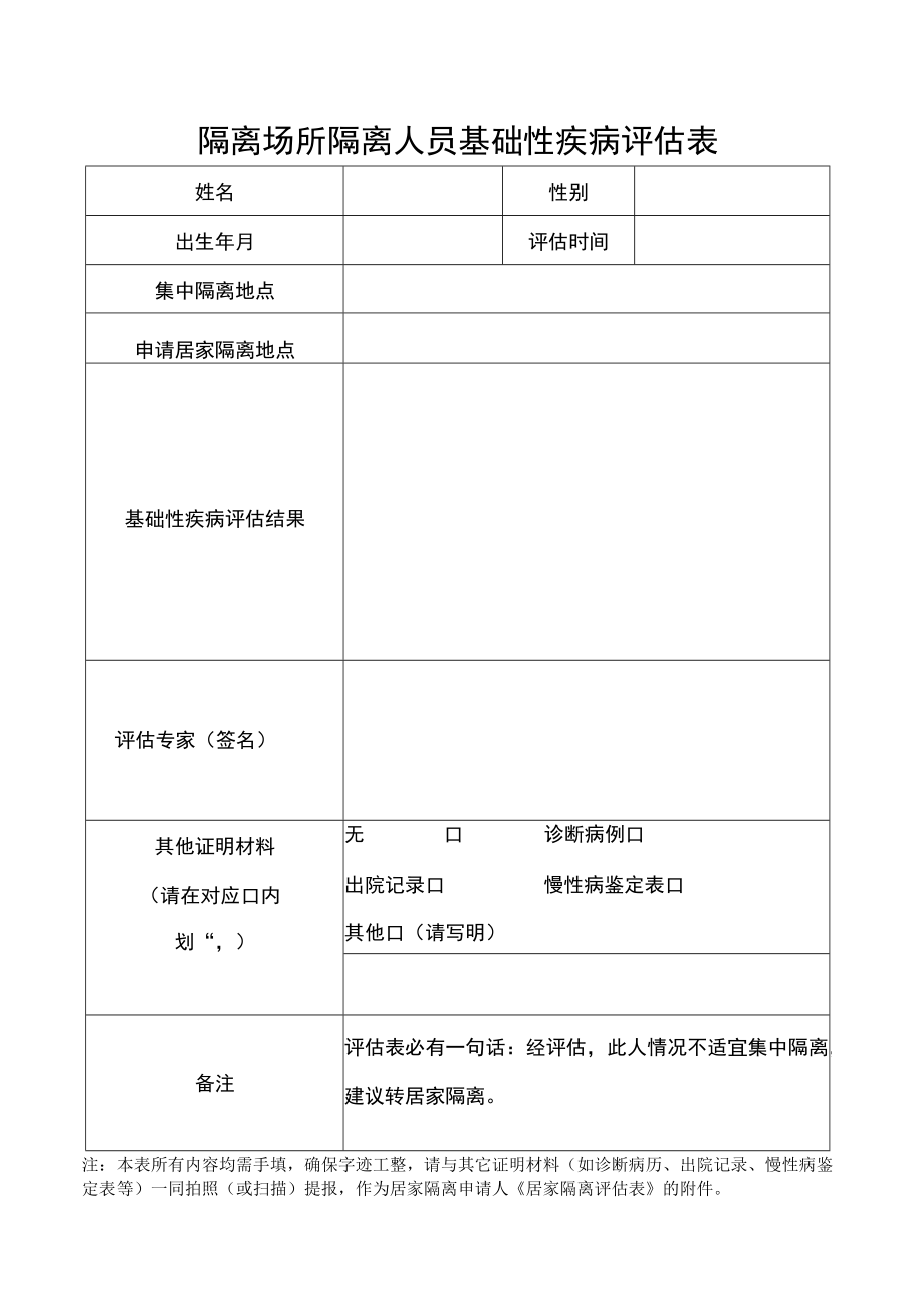 隔离场所隔离酒店隔离点的隔离人员基础性疾病评估表.docx_第1页