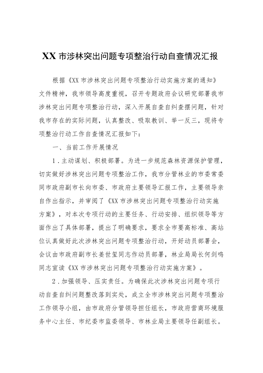 XX市涉林突出问题专项整治行动自查情况汇报.docx_第1页