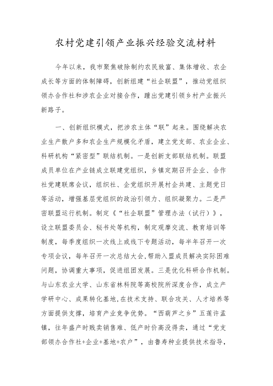 农村党建引领产业振兴经验交流材料.docx_第1页