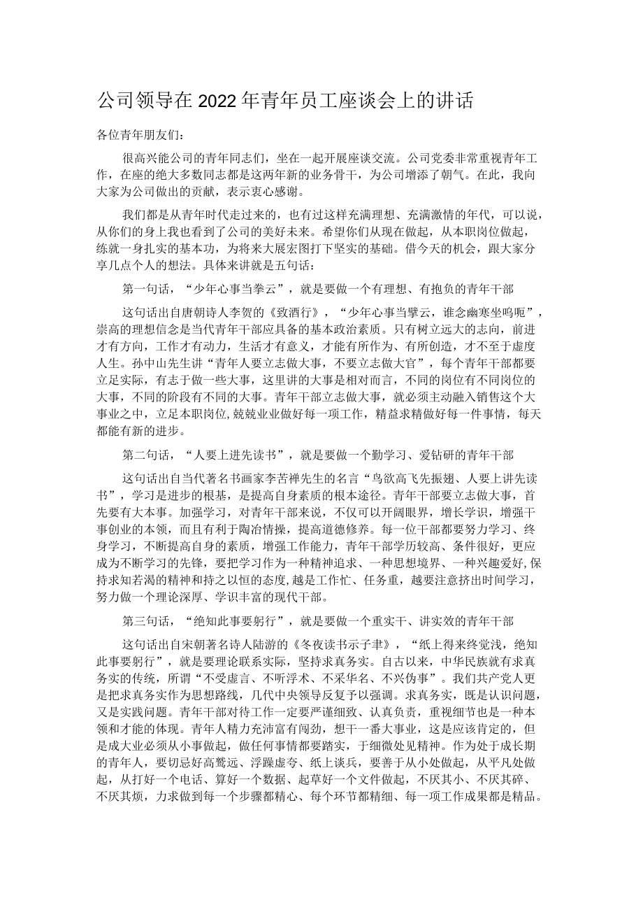 公司领导在2022年青年员工座谈会上的讲话.docx_第1页