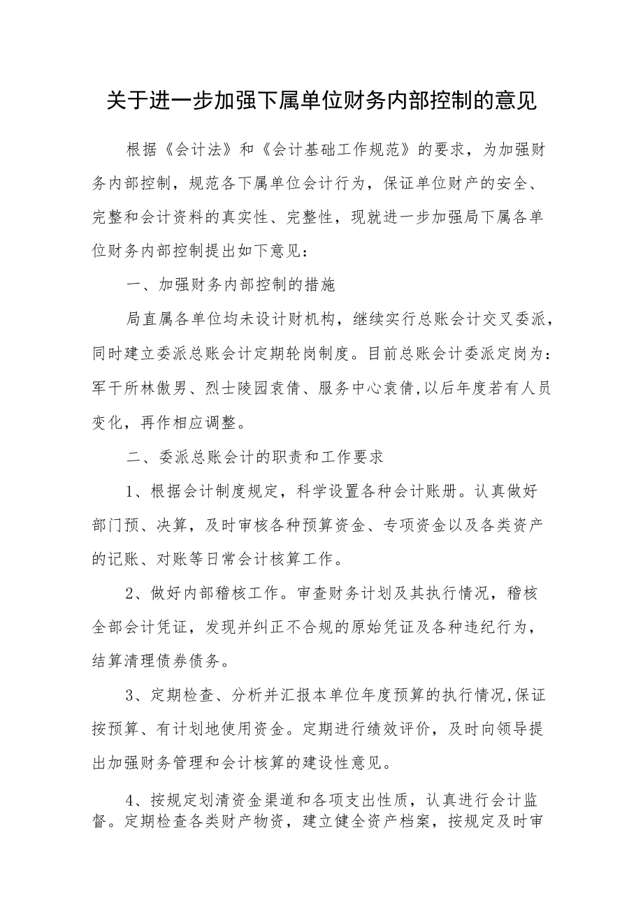 关于进一步加强下属单位财务内部控制的意见.docx_第1页