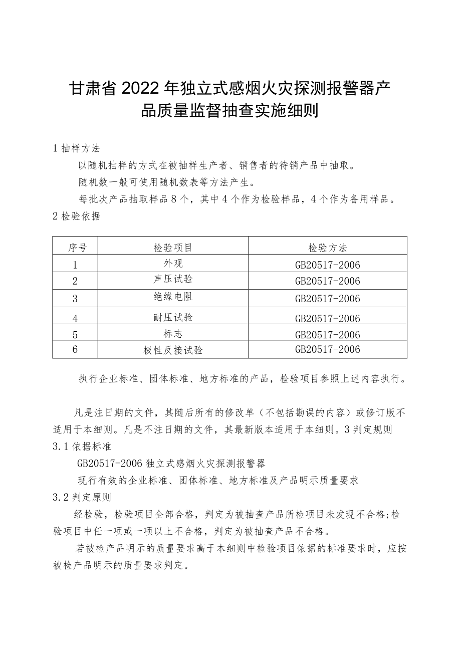 甘肃省2022年独立式感烟火灾探测报警器产品质量监督抽查实施细则.docx_第1页