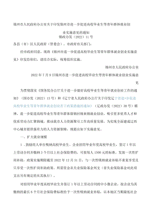 锦州市人民政府办公室关于印发锦州市进一步促进高校毕业生等青年群体就业创业实施意见的通知.docx