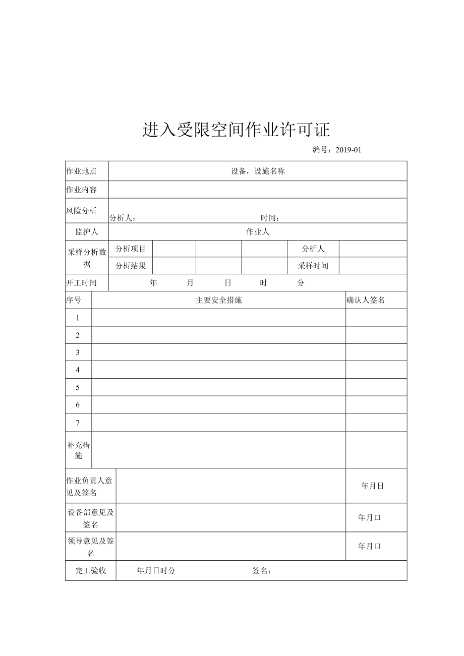 进入受限空间作业许可证.docx_第1页