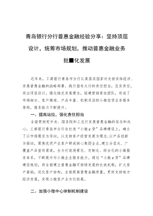 青岛银行分行普惠金融经验分享：坚持顶层设计统筹市场规划+推动普惠金融业务批量化发展.docx