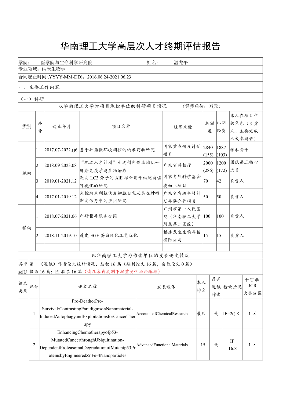 华南理工大学高层次人才终期评估报告.docx_第1页