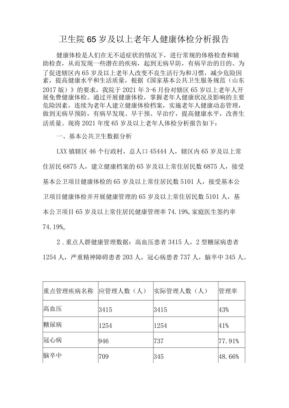 卫生院65岁及以上老年人健康体检分析报告.docx_第1页