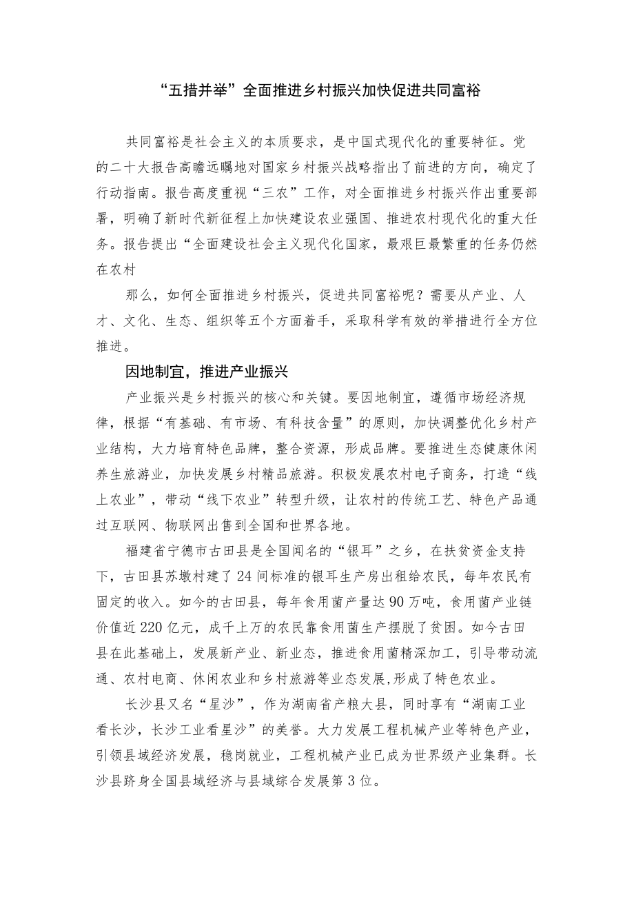 “五措并举”全面推进乡村振兴 加快促进共同富裕.docx_第1页